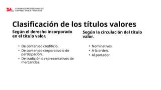 Clasificación de los títulos valores
Según el derecho incorporado
en el título valor.
• De contenido crediticio.
• De contenido corporativo o de
participación.
• De tradición o representativos de
mercancías.
Según la circulación del título
valor.
• Nominativos
• A la orden.
• Al portador
 