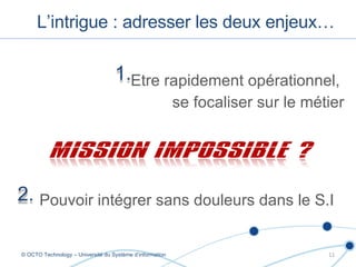 L’intrigue : adresser les deux enjeux… © OCTO Technology – Université du Système d’information Etre rapidement opérationnel,  se focaliser sur le métier Pouvoir intégrer sans douleurs dans le S.I 1. 2. 