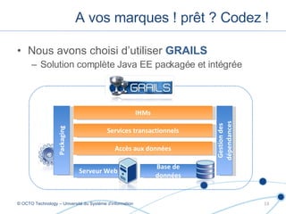 Nous avons choisi d’utiliser  GRAILS Solution complète Java EE packagée et intégrée A vos marques ! prêt ? Codez ! © OCTO Technology – Université du Système d’information Base de données Gestion des dépendances Accès aux données Services transactionnels IHMs Serveur Web Packaging 