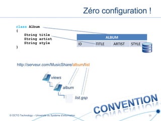 Zéro configuration ! © OCTO Technology – Université du Système d’information class  Album { String title String artist String style } http://serveur.com/MusicShare/ album / list ALBUM ID TITLE ARTIST STYLE views album list.gsp 