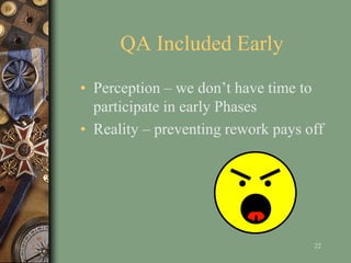 QA Included Early
• Perception – we don’t have time to
participate in early Phases
• Reality – preventing rework pays off
22
 