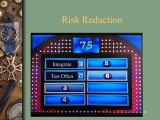 Risk Reduction
40
Integrate
Test Often
 