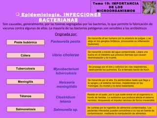 Tema 19: IMPORTANCIA
                                                                       DE LOS
                                                                  MICROORGANISMOS
          Epidemiología. INFECCIONES
                BACTERIANAS
Son causadas, generalmente, por las toxinas segregadas por las bacterias, lo que permite la fabricación de
vacunas contra algunas de ellas. La mayoría de las bacterias patógenas son sensibles a los antibióticos
                                    Originada por:
                                                            Se transmite al ser humano por la picadura de pulgas, y se
        Peste bubónica           Pasteurella pestis         aloja en los ganglios linfáticos, provocando su inflamación
                                                            (bubones).


                                                            Se transmite a través del agua contaminada. Libera una
            Cólera                Vibrio cholerae           toxina en el intestino que provoca diarreas que causan
                                                            deshidratación y la muerte.


                                                            Se propaga por el aire y coloniza las vías respiratorias,
         Tuberculosis              Mycobacterium            destruyendo los pulmones. Es el llamado bacilo de Koch.
                                    tuberculosis
                                                            Se transmite por el aire. Es asintomática hasta que llega a
          Meningitis                   Neisseria            la sangre y al sistema nervioso, instalándose en las
                                      meningitidis          meninges. Es mortal y no tiene tratamiento.


                                                           Reside en el suelo, por lo que suele entrar en el organismo a
           Tétanos                   Clostridium           través de heridas. La exotoxina que produce afecta al sistema
                                                           nervioso, bloqueando el impulso nervioso de forma irreversible.
                                       tetanis
                                                           Se contrae por la ingestión de alimentos contaminados. Los
         Salmonelosis              Salmonella sp.          pacientes infectados pueden convertirse a su vez en fuente de
                                                           contaminación, mediante la manipulación de alimentos.
 