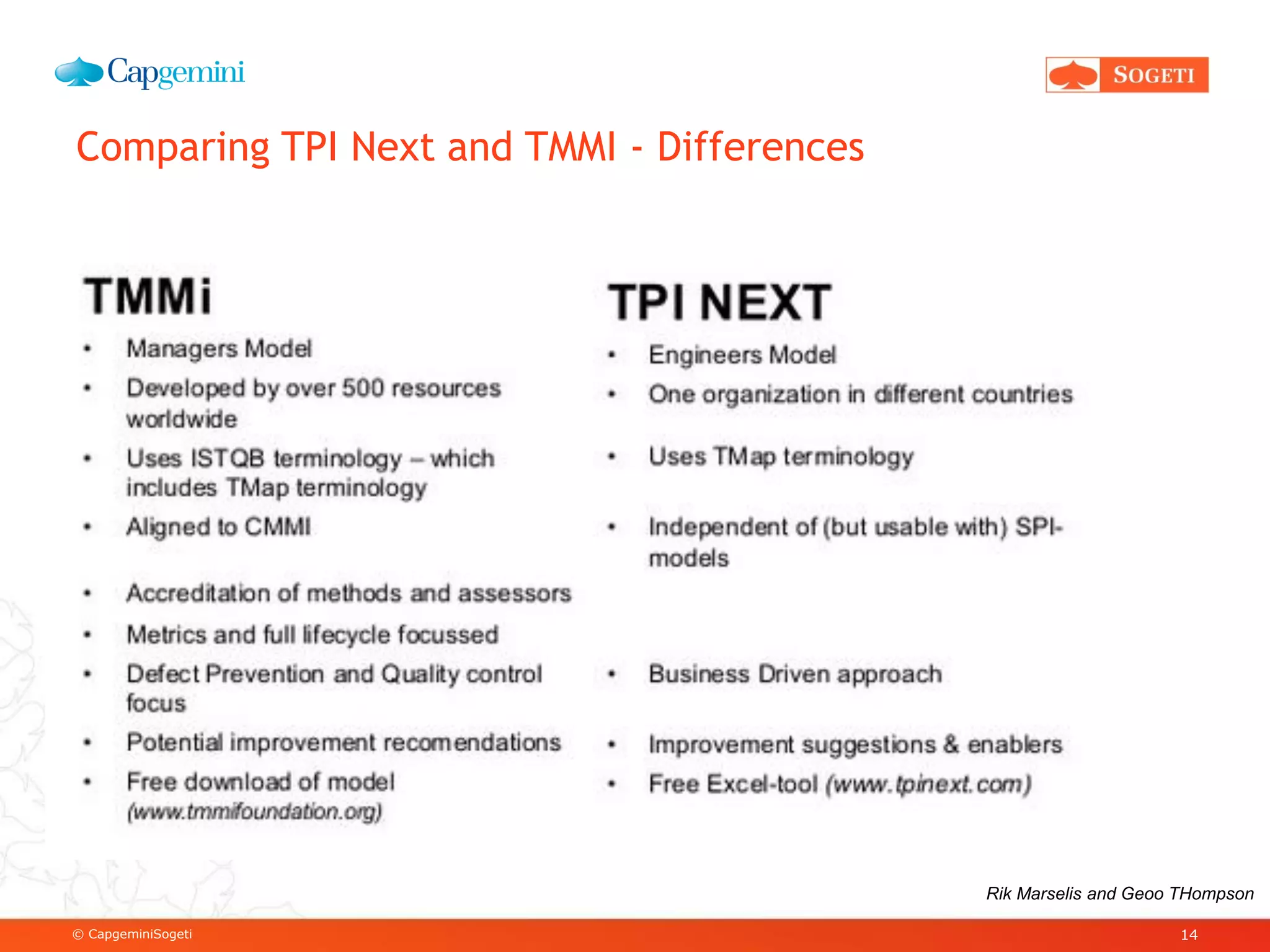 © CapgeminiSogeti
Comparing TPI Next and TMMI - Differences
14
Rik Marselis and Geoo THompson
 