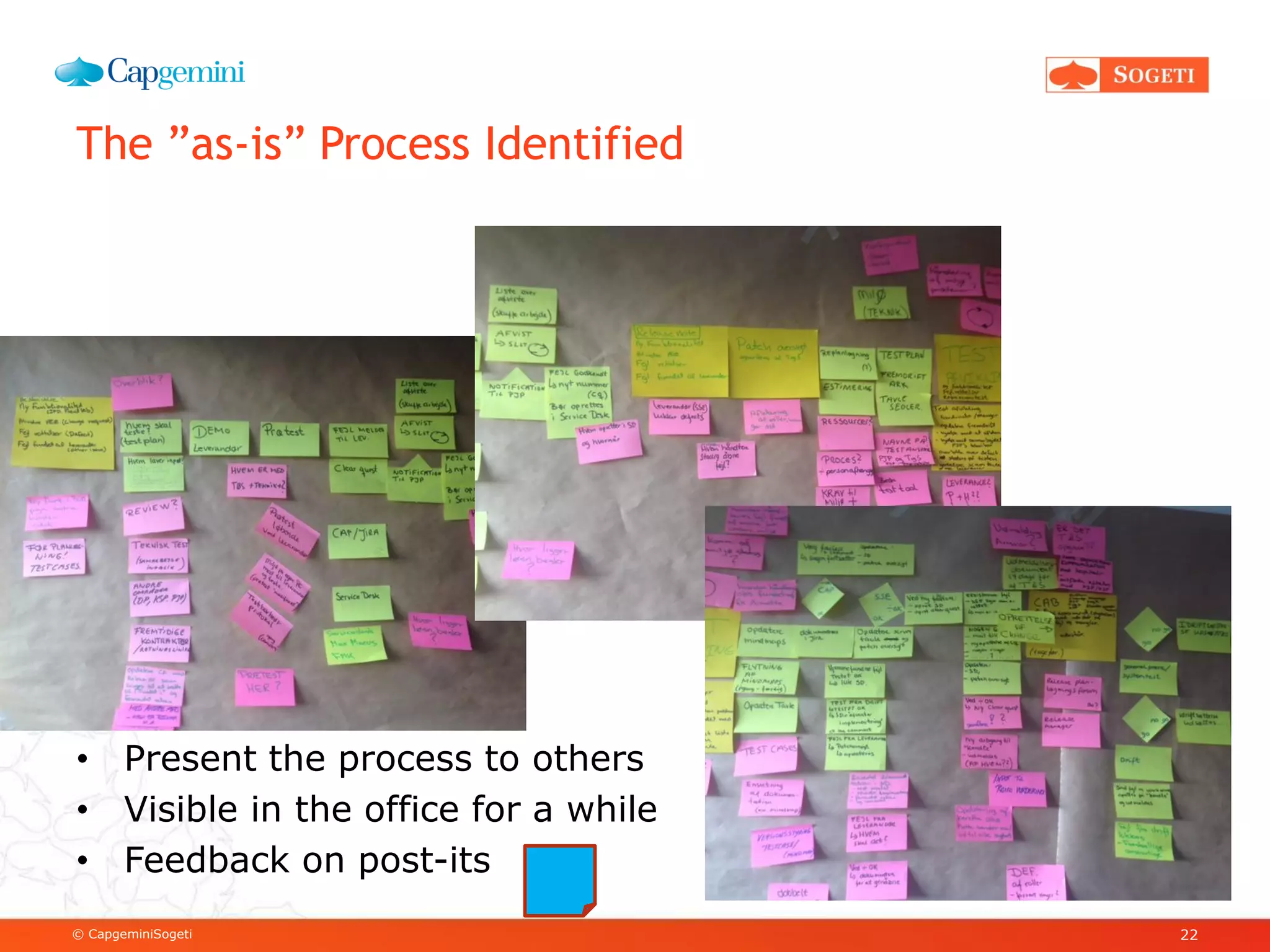 © CapgeminiSogeti
The ”as-is” Process Identified
• Present the process to others
• Visible in the office for a while
• Feedback on post-its
22
 