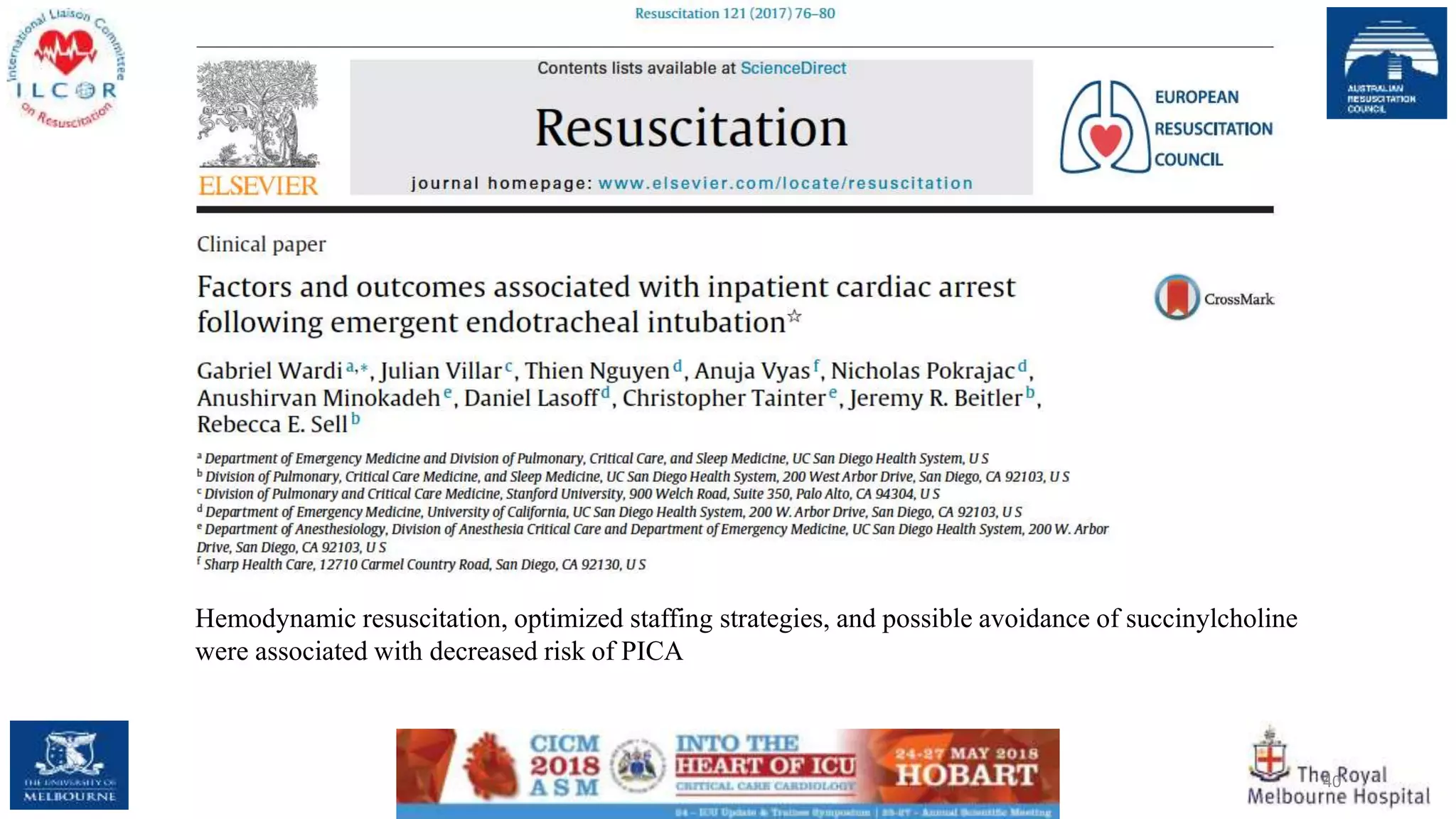 40
Hemodynamic resuscitation, optimized staffing strategies, and possible avoidance of succinylcholine
were associated with decreased risk of PICA
 