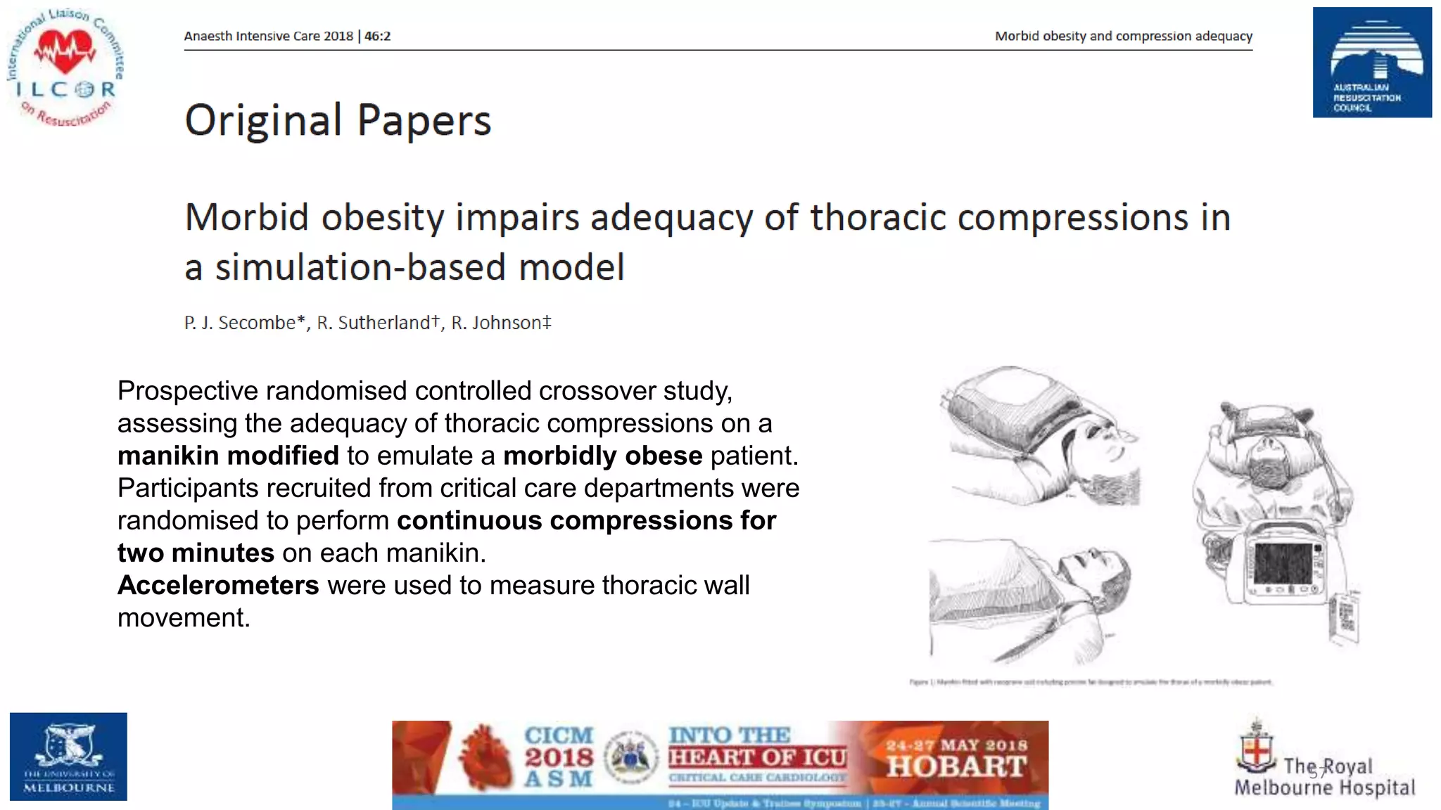 57
Prospective randomised controlled crossover study,
assessing the adequacy of thoracic compressions on a
manikin modified to emulate a morbidly obese patient.
Participants recruited from critical care departments were
randomised to perform continuous compressions for
two minutes on each manikin.
Accelerometers were used to measure thoracic wall
movement.
 