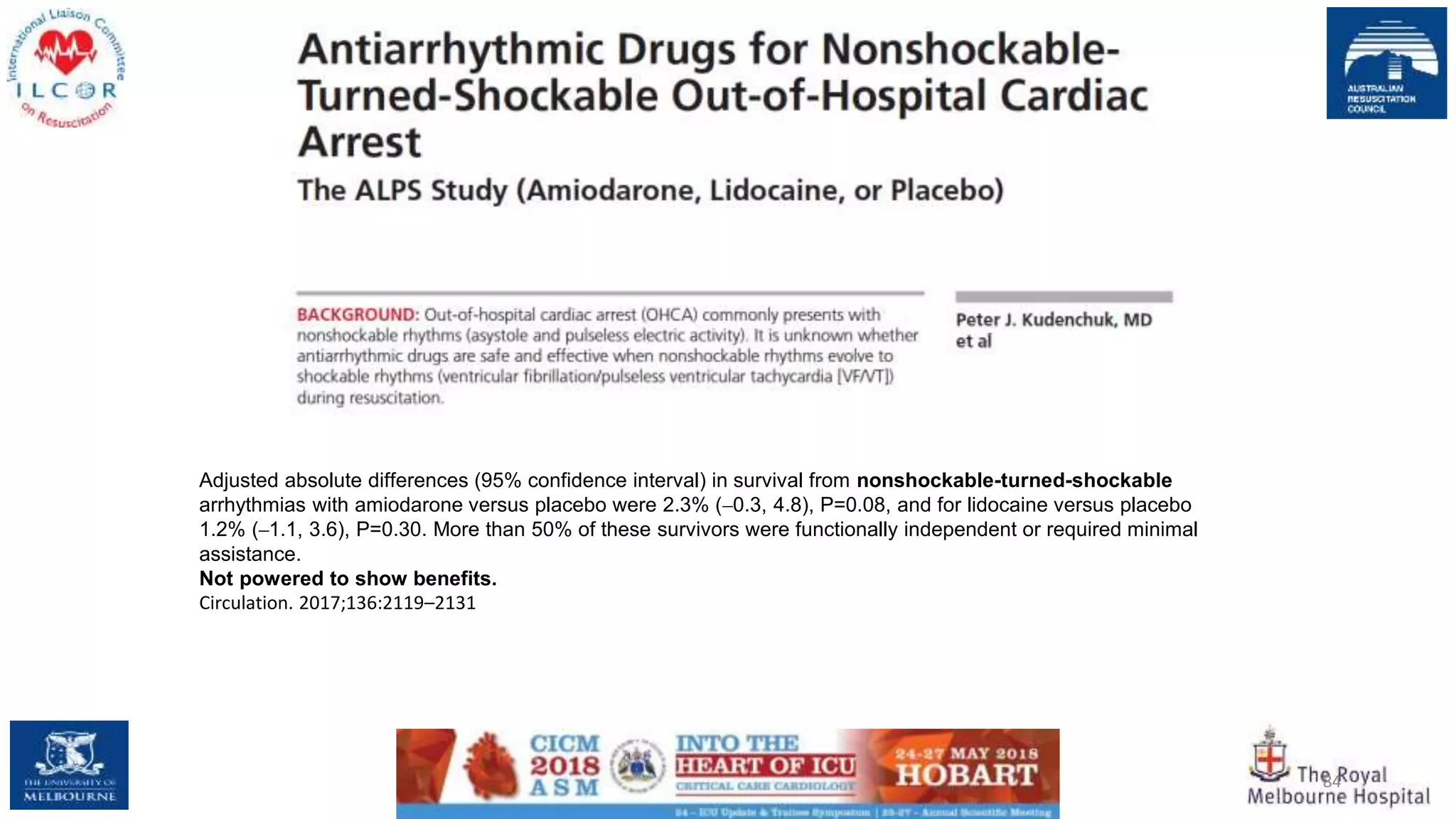 84
Adjusted absolute differences (95% confidence interval) in survival from nonshockable-turned-shockable
arrhythmias with amiodarone versus placebo were 2.3% (‒0.3, 4.8), P=0.08, and for lidocaine versus placebo
1.2% (‒1.1, 3.6), P=0.30. More than 50% of these survivors were functionally independent or required minimal
assistance.
Not powered to show benefits.
Circulation. 2017;136:2119–2131
 