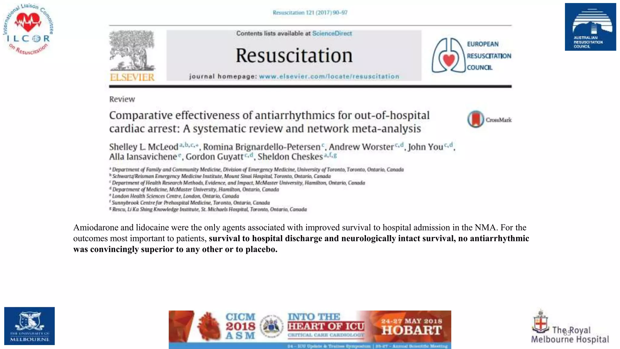 85
Amiodarone and lidocaine were the only agents associated with improved survival to hospital admission in the NMA. For the
outcomes most important to patients, survival to hospital discharge and neurologically intact survival, no antiarrhythmic
was convincingly superior to any other or to placebo.
 