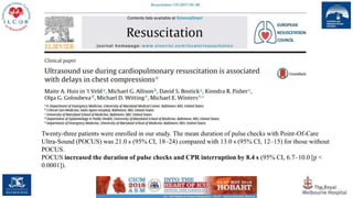 100
Twenty-three patients were enrolled in our study. The mean duration of pulse checks with Point-Of-Care
Ultra-Sound (POCUS) was 21.0 s (95% CI, 18–24) compared with 13.0 s (95% CI, 12–15) for those without
POCUS.
POCUS increased the duration of pulse checks and CPR interruption by 8.4 s (95% CI, 6.7–10.0 [p <
0.0001]).
 