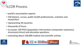 ILCOR Process
• world's resuscitation experts
• 250 doctors, nurses, public health professionals, scientists and
researchers
• representing 39 countries
• thousands of hours
• to answer 169 PICO (population-intervention-comparator-outcomes)-
structured clinical and education questions.
• evaluating about 150,000 medical and scientific articles
 