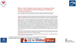 157
Incorporating almonds, dark chocolate, and cocoa into a typical American diet without
exceeding energy needs may reduce the risk of coronary heart disease
 