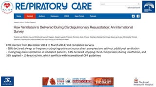 51
CPR practice from December 2013 to March 2014; 548 completed surveys
- 28% declared always or frequently adopting only continuous chest compressions without additional ventilation
- During bag-mask ventilation in intubated patients, 18% declared stopping chest compression during insufflation, and
39% applied > 10 breaths/min, which conflicts with international CPR guidelines
 