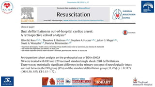 68
Retrospective cohort analysis on the prehospital use of DD in OHCA
50 were treated with DD and 229 received standard single shock 200J defibrillations.
There was no statistically significant difference in the primary outcome of neurologically intact
survival between the DD group (6%) and the standard defibrillation group (11.4%) (p = 0.317)
(OR 0.50, 95% CI 0.15–1.72).
 