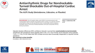 84
Adjusted absolute differences (95% confidence interval) in survival from nonshockable-turned-shockable
arrhythmias with amiodarone versus placebo were 2.3% (‒0.3, 4.8), P=0.08, and for lidocaine versus placebo
1.2% (‒1.1, 3.6), P=0.30. More than 50% of these survivors were functionally independent or required minimal
assistance.
Not powered to show benefits.
Circulation. 2017;136:2119–2131
 