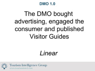 DMO 1.0
The DMO bought
advertising, engaged the
consumer and published
Visitor Guides
Linear
 