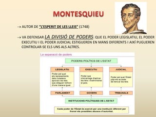  AUTOR DE “L’ESPERIT DE LES LLEIS” (1748)
 VA DEFENSAR LA DIVISIÓ DE PODERS: QUE EL PODER LEGISLATIU, EL PODER
EXECUTIU I EL PODER JUDICIAL ESTIGUEREN EN MANS DIFERENTS I AIXÍ PUGUEREN
CONTROLAR-SE ELS UNS ALS ALTRES.
 