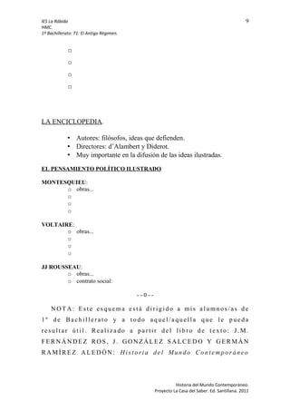 IES La Rábida 9
HMC.
1º Bachillerato: T1: El Antigo Régimen.
o
o
o
o
LA ENCICLOPEDIA.
• Autores: filósofos, ideas que defienden.
• Directores: d’Alambert y Diderot.
• Muy importante en la difusión de las ideas ilustradas.
EL PENSAMIENTO POLÍTICO ILUSTRADO
MONTESQUIEU:
o obras...
o
o
o
VOLTAIRE:
o obras...
o
o
o
JJ ROUSSEAU:
o obras...
o contrato social:
- - 0 - -
N OT A : E s t e es q u e ma e s tá d i r i g i d o a m is a l u m n o s / as d e
1º de Ba c h i l l e r a t o y a t o d o aq u e l / a q ue l l a q ue l e p u e d a
r es u l t a r ú t i l. R ea l i z a d o a pa r t i r d e l l i b r o d e t e x t o : J. M.
F E R N Á N D E Z RO S , J . G O N Z Á L E Z S A L C E D O Y G E R M Á N
RA M Í R E Z A L E D Ó N : H i s t o r i a de l M u n d o Co n t e m p o r á ne o
Historia del Mundo Contemporáneo.
Proyecto La Casa del Saber. Ed. Santillana. 2011
 