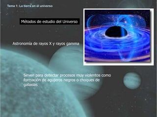 Tema 1: La tierra en el universo




         Métodos de estudio del Universo




   Astronomía de rayos X y rayos gamma




           Sirven para detectar procesos muy violentos como
           formación de agujeros negros o choques de
           galaxias
 