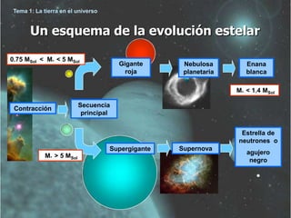 Tema 1: La tierra en el universo


       Un esquema de la evolución estelar

0.75 MSol < M* < 5 MSol
                                        Gigante     Nebulosa        Enana
                                          roja      planetaria      blanca

                                                                 M* < 1.4 MSol

                           Secuencia
 Contracción
                            principal


                                                                  Estrella de
                                                                 neutrones o
                                    Supergigante   Supernova
                                                                    agujero
             M* > 5 MSol
                                                                     negro
 