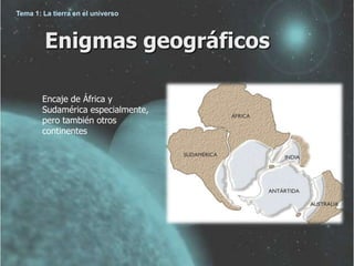 Tema 1: La tierra en el universo



        Enigmas geográficos

        Encaje de África y
        Sudamérica especialmente,
        pero también otros
        continentes
 