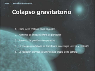 Tema 1: La tierra en el universo 
Colapso gravitatorio 
1. Caída de la materia hacia el núcleo 
2. Aumento de choques entre las partículas 
3. Aumento de presión y temperatura 
4. La energía gravitatoria se transforma en energía interna y radiación 
5. La radiación provoca la luminosidad propia de la estrella 
 