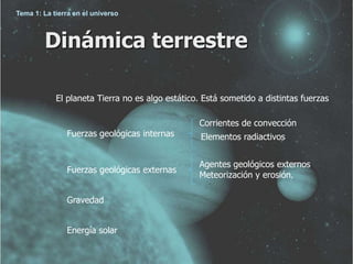 Tema 1: La tierra en el universo 
Dinámica terrestre 
El planeta Tierra no es algo estático. Está sometido a distintas fuerzas 
Fuerzas geológicas internas 
Fuerzas geológicas externas 
Corrientes de convección 
Elementos radiactivos 
Agentes geológicos externos 
Meteorización y erosión. 
Gravedad 
Energía solar 
 