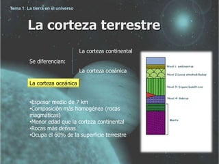 Tema 1: La tierra en el universo 
La corteza terrestre 
Se diferencian: 
La corteza continental 
La corteza oceánica 
La corteza oceánica 
•Espesor medio de 7 km 
•Composición más homogénea (rocas 
magmáticas) 
•Menor edad que la corteza continental 
•Rocas más densas 
•Ocupa el 60% de la superficie terrestre 
 