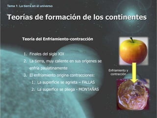 Tema 1: La tierra en el universo 
Teorías de formación de los continentes 
Enfriamiento y 
contracción 
Teoría del Enfriamiento-contracción 
1. Finales del siglo XIX 
2. La tierra, muy caliente en sus orígenes se 
enfría paulatinamente 
3. El enfriamiento origina contracciones: 
1. La superficie se agrieta – FALLAS 
2. La superfice se pliega - MONTAÑAS 
 
