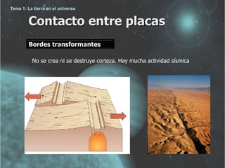 Tema 1: La tierra en el universo 
Contacto entre placas 
Bordes transformantes 
No se crea ni se destruye corteza. Hay mucha actividad sísmica 
 