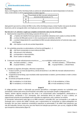 Resultados
Após a centrifugação, Arthur Kornberg mediu os valores de radioatividade do material depositado no fundo dos
tubos, tendo obtido os valores representados na tabela seguinte:
 Tubo Quantidade de DNA marcado radioativamente
(picomoles de DNA marcado com 32
P)
A 0
B 3300
Após garantir que ocorria a síntese de DNA in vitro, Arthur Kornberg começou a testar frações mais puras do extrato
bacteriano, até ter conseguido obter uma fração pura de uma proteína capaz de sintetizar novo DNA. 
Nos itens de 1 a 4, seleciona a opção que completa corretamente cada uma das afirmações.
1. Relativamente à experiência de Kornberg, é possível afirmar que […]. 
(A)  …a hipótese de trabalho foi de que apenas os nucleótidos radioativos eram usados na síntese do DNA.
(B) …a síntese de DNA pode ocorrer in vitro na presença de nucleótidos e de DNA.
(C) …a variável independente foi a quantidade de DNA marcado radioativamente no fundo dos tubos, após
centrifugação.
(D) …não implicou o uso de uma variável dependente.
2. Os nucleótidos presentes no sobrenadante, no final da centrifugação, […].
(A) …não foram incorporados na nova molécula de DNA.
(B) …não possuem sinal radioativo. 
(C) …correspondem a ribonucleótidos.
(D) …foram usados na replicação.
3. O elemento marcado radioativamente encontra-se ____ e os nucleótidos usados possuem uma ____.
(A) …nas bases azotadas […] ribose.
(B) …no grupo fosfato […] ribose.
(C) …nas bases azotadas […] desoxirribose.
(D) …no grupo fosfato […] desoxirribose.
4. Considere as seguintes afirmações, referentes à experiência. 
I. O tubo A contém, no início da experiência, extrato de bactérias E. coli, DNA não marcado radioativamente e
nucleótidos com 32
P. 
II. A experiência de Kornberg, cujos resultados estão representados na tabela I, permite detetar e medir a síntese
de DNA in vitro. 
III. O controlo corresponde ao tubo A. 
(A) I é verdadeira; II e III são falsas.
(B) II é verdadeira; I e III são falsas.
(C) II e III são verdadeiras; I é falsa.
(D) I e III são verdadeiras; II é falsa.
Grupo IV
O código genético contém a informação que permite descodificar a mensagem presente nos nucleótidos para
aminoácidos. Existem pelo menos 20 aminoácidos e 64 codões cuja associação compõe o código genético.
Todavia, existem algumas exceções que têm vindo a ser caracterizadas pelos investigadores, destacando-se a
selenocisteína, considerada o 21.º aminoácido. Este aminoácido deriva da cisteína, no qual o selénio, um
oligonutriente presente em quantidades muito reduzidas nos organismos, está a substituir um enxofre. 
O aminoácido selenocisteína pode ligar-se ao tRNA contendo o anticodão ACU, que corresponde a um codão de
finalização para a maioria dos mRNA. Contudo, para a selenocisteína ser incorporada na cadeia polipeptídica em
formação, tem que haver sequências nucleotídicas específicas na extremidade 3´ do mRNA. Estas sequências, que
não são traduzidas, formam uma ansa, que atrai fatores de tradução que permitem, por sua vez, a ligação do tRNA
que transporta a selenocisteína (figura 3).
Versão 1 |Página 6
 