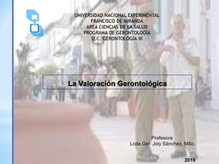 *
La Valoración Gerontológica
Profesora:
Lcda.Ger. Joly Sánchez, MSc.
.
2019
 