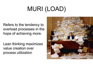 MURI (LOAD)
Refers to the tendency to
overload processes in the
hope of achieving more.
Lean thinking maximizes
value creation over
process utilization
 