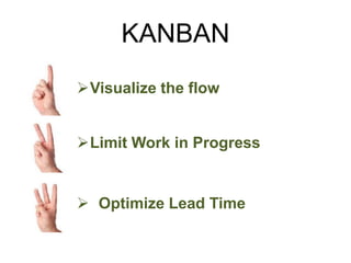 KANBAN
Visualize the flow
Limit Work in Progress
 Optimize Lead Time
 