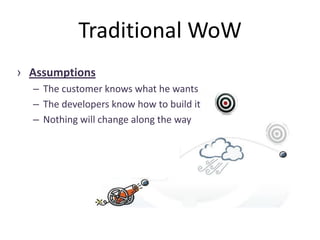 Traditional WoW
› Assumptions
– The customer knows what he wants
– The developers know how to build it
– Nothing will change along the way
 
