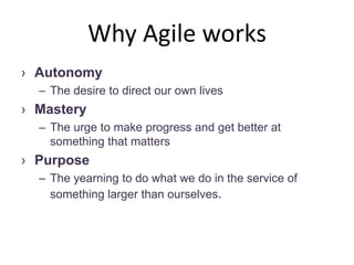 Why Agile works
› Autonomy
– The desire to direct our own lives
› Mastery
– The urge to make progress and get better at
something that matters
› Purpose
– The yearning to do what we do in the service of
something larger than ourselves.
 