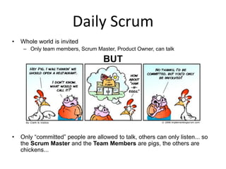Daily Scrum
• Whole world is invited
– Only team members, Scrum Master, Product Owner, can talk
BUT
• Only “committed” people are allowed to talk, others can only listen... so
the Scrum Master and the Team Members are pigs, the others are
chickens...
 