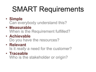 SMART Requirements
• Simple
Can everybody understand this?
• Measurable
When is the Requirement fulfilled?
• Achievable
Do you have the resources?
• Relevant
Is it really a need for the customer?
• Traceable
Who is the stakeholder or origin?
 