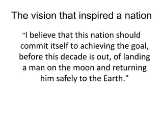 The vision that inspired a nation
"I believe that this nation should
commit itself to achieving the goal,
before this decade is out, of landing
a man on the moon and returning
him safely to the Earth."
— Pres. Kennedy, May 25, 1961
 
