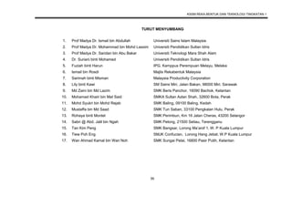 KSSM REKA BENTUK DAN TEKNOLOGI TINGKATAN 1
36
TURUT MENYUMBANG
1. Prof Madya Dr. Ismail bin Abdullah Universiti Sains Islam Malaysia
2. Prof Madya Dr. Mohammad bin Mohd Lassim Universiti Pendidikan Sultan Idris
3. Prof Madya Dr. Saridan bin Abu Bakar Universiti Teknologi Mara Shah Alam
4. Dr. Suriani binti Mohamed Universiti Pendidikan Sultan Idris
5. Fuziah binti Harun IPG, Kamppus Perempuan Melayu, Melaka
6. Ismail bin Rosdi Majlis Rekabentuk Malaysia
7. Sarimah binti Misman Malaysia Productivity Corporation
8. Lily binti Kawi SM Sains Miri, Jalan Bakan, 98000 Miri, Sarawak
9. Md Zaini bin Md Lazim SMK Beris Panchor, 16090 Bachok, Kelantan
10. Mohamad Khairi bin Mat Said SMKA Sultan Azlan Shah, 32600 Bota, Perak
11. Mohd Syukri bin Mohd Rejab SMK Baling, 09100 Baling, Kedah
12. Mustaffa bin Md Saad SMK Tun Saban, 33100 Pengkalan Hulu, Perak
13. Rohaya binti Montel SMK Perimbun, Km 16 Jalan Cheras, 43200 Selangor
14. Sabri @ Abd. Jalil bin Ngah SMK Pelong, 21500 Setiau, Terengganu
15. Tan Kim Peng SMK Bangsar, Lorong Ma’arof 1, W. P Kuala Lumpur
16. Tiew Poh Eng SMJK Confucian, Lorong Hang Jebat, W.P Kuala Lumpur
17. Wan Ahmad Kamal bin Wan Noh SMK Sungai Petai, 16800 Pasir Putih, Kelantan
 