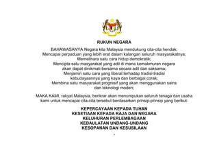 KSSM REKA BENTUK DAN TEKNOLOGI TINGKATAN 1
v
RUKUN NEGARA
BAHAWASANYA Negara kita Malaysia mendukung cita-cita hendak:
Mencapai perpaduan yang lebih erat dalam kalangan seluruh masyarakatnya;
Memelihara satu cara hidup demokratik;
Mencipta satu masyarakat yang adil di mana kemakmuran negara
akan dapat dinikmati bersama secara adil dan saksama;
Menjamin satu cara yang liberal terhadap tradisi-tradisi
kebudayaannya yang kaya dan berbagai corak;
Membina satu masyarakat progresif yang akan menggunakan sains
dan teknologi moden;
MAKA KAMI, rakyat Malaysia, berikrar akan menumpukan seluruh tenaga dan usaha
kami untuk mencapai cita-cita tersebut berdasarkan prinsip-prinsip yang berikut:
KEPERCAYAAN KEPADA TUHAN
KESETIAAN KEPADA RAJA DAN NEGARA
KELUHURAN PERLEMBAGAAN
KEDAULATAN UNDANG-UNDANG
KESOPANAN DAN KESUSILAAN
 