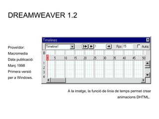 DREAMWEAVER 1.2 Proveïdor:  Macromedia  Data publicació:  Març 1998 Primera versió  per a Windows. A la imatge, la funció de línia de temps permet crear animacions DHTML.  