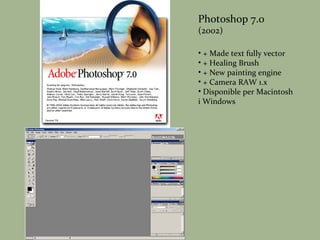 Photoshop 7.0 (2002) + Made text fully vector + Healing Brush + New painting engine + Camera RAW 1.x Disponible per Macintosh i Windows 