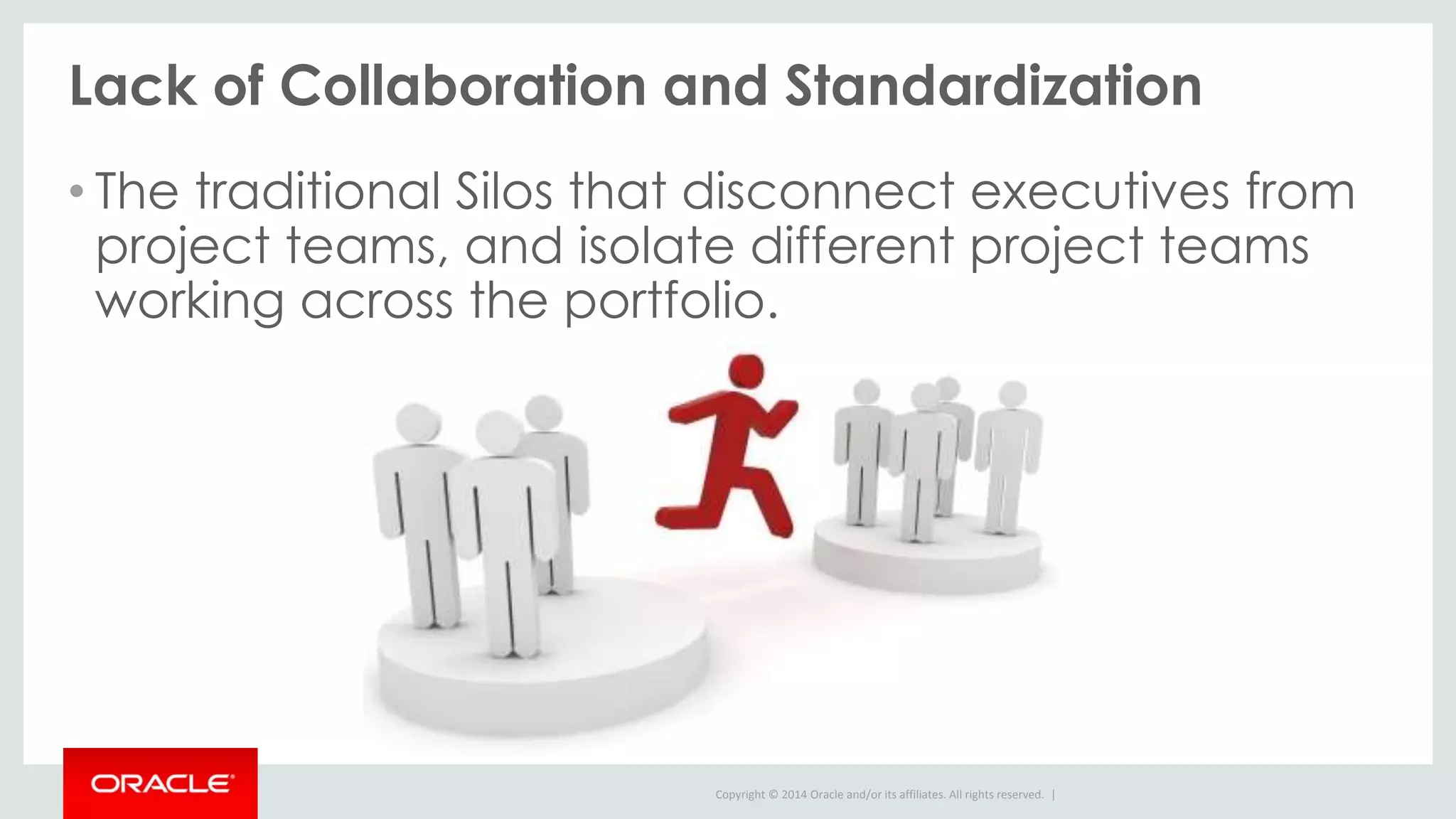Copyright © 2014 Oracle and/or its affiliates. All rights reserved. |
Lack of Collaboration and Standardization
• The traditional Silos that disconnect executives from
project teams, and isolate different project teams
working across the portfolio.
 