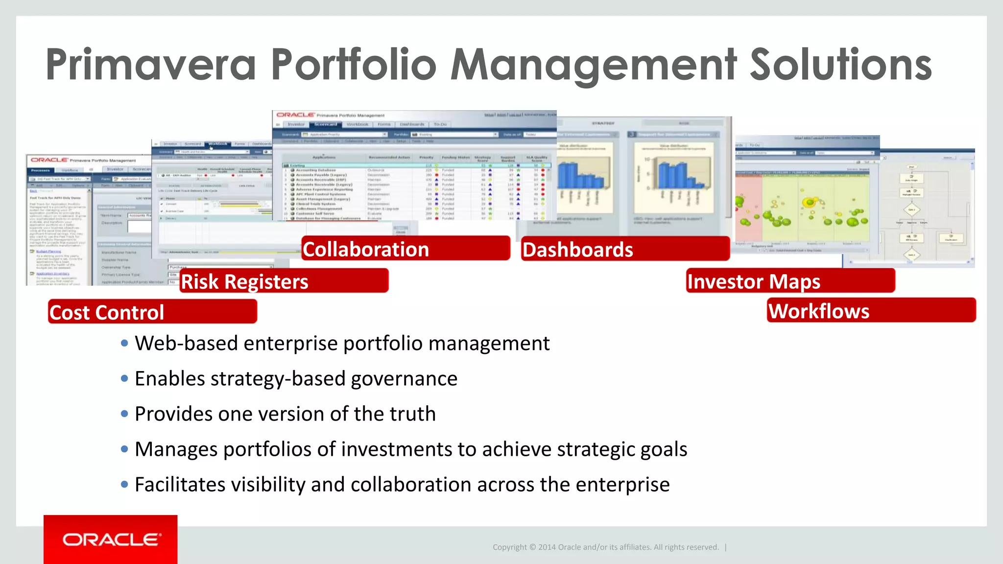 Copyright © 2014 Oracle and/or its affiliates. All rights reserved. |
Primavera Portfolio Management Solutions
• Web-based enterprise portfolio management
• Enables strategy-based governance
• Provides one version of the truth
• Manages portfolios of investments to achieve strategic goals
• Facilitates visibility and collaboration across the enterprise
Cost Control
Investor Maps
Collaboration
Risk Registers
Workflows
Dashboards
 