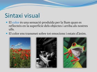 Sintaxi visualQuan observem o creem una imatge combinem elements de la sintaxi visual com la forma, el color, la grandària i la textura.La forma és l’aparença dels objectes, la que permet diferenciar-los.Per descriure una forma podem fer referència a figures geomètriques bàsiques (un edifici té forma de prisma, una taronja d’esfera, un braç de cilindre...).Les formes poden ser planes (bidimensionals) o amb volum (tridimensionals).