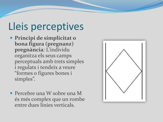 Lleis perceptivesPrincipi de simplicitat o bona figura (pregnanz) pregnància: L’individu organitza els seus camps perceptuals amb trets simples i regulats i tendeix a veure “formes o figures bones i simples”.Percebre una W sobre una M és més complex que un rombe entre dues línies verticals.