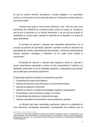 de que los cambios científico- tecnológicos y sociales obligaban a un aprendizaje
continuo y la convicción de que la educación debía ser conducida de manera autónoma
por el propio sujeto.
Tomando como base el informe Faure (Aprender a Ser, 1972) así como otros
documentos de la UNESCO en numerosos países, incluido el nuestro, se incorpora la
idea de que la educación es “un proceso permanente” y de que hay que propiciar el
aprendizaje por cuenta propia, mediante el desarrollo de la capacidad y la actitud de
seguir aprendiendo.
El concepto de aprender a aprender está relacionado estrechamente con el
concepto de potencial de aprendizaje. Aprender a aprender consiste en desarrollar las
capacidades del individuo, específicamente del estudiante, a través del mejoramiento de
técnicas, destrezas, estrategias y habilidades con las cuales busca acceder al
conocimiento. 1
El propósito de aprender a aprender debe realizarse a través de aprender a
pensar, desarrollando capacidades y valores, es decir, desarrollando la cognición y la
afectividad, potenciando el uso de estrategias cognitivas y metacognitivas que permitan
que el sujeto logre aprendizajes significativos.
El aprendizaje significativo se basa en los siguientes supuestos:
?

El aprendizaje se orienta hacia objetivos

?

Aprender es relacionar nueva información con conocimientos previos

?

Aprender es organizar la información

?

Aprender es adquirir un repertorio de estrategias cognitivas y metacognitivas

?

El aprendizaje, si bien se produce en etapas, no es lineal

?

El aprendizaje está influido por el desarrollo del sujeto

?

Aprender es transferir el conocimiento a nuevos problemas y contextos
La dificultad para lograr aprendizajes significativos radica en la posibilidad de

crear estructuras conceptuales organizadas y jerarquizadas para potenciar que se
1

La noción de aprendizaje significativo emerge de c
orrientes psicológicas como el conoscitivismo ,y de
ciertas corrientes del constructivismo y se ha convertido en una orientación clave de la nueva perspectiva
del aprender a aprender. Ver documento Enfoques Educativos Centrados en el Aprendizaje. Fundamentos
Psicopedagógicos.)

7

 