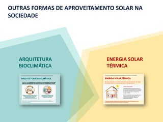 OUTRAS FORMAS DE APROVEITAMENTO SOLAR NA
SOCIEDADE
ARQUITETURA
BIOCLIMÁTICA
ENERGIA SOLAR
TÉRMICA
 