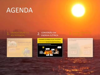 AGENDA
ENERGIA SOLAR E O
SEU POTENCIAL
CONVERSÃO EM
ENERGIA ELÉTRICA
OUTRAS FORMAS DE
UTILIZAÇÃO
1. 2. 3.
 